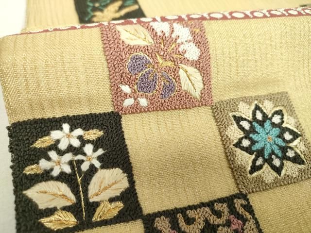 平和屋着物▼夏物 中国三大刺繍 相良刺繍 明綴れ 袋帯 市松花鳥文 金糸 正絹 逸品 DABJ8808ps