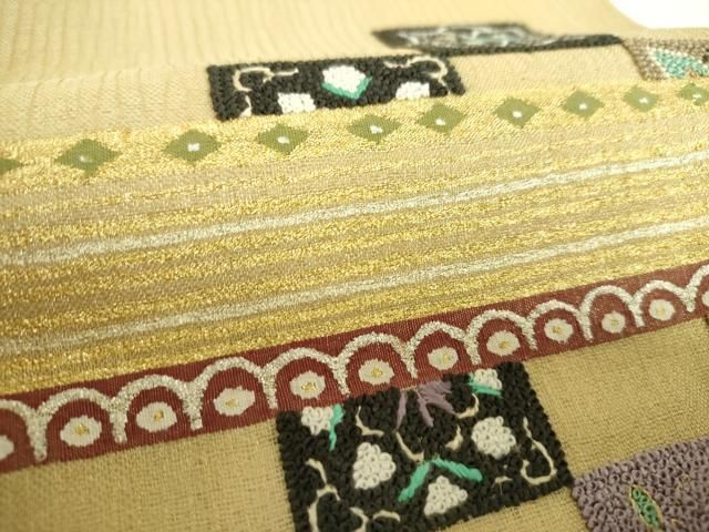 平和屋着物▼夏物 中国三大刺繍 相良刺繍 明綴れ 袋帯 市松花鳥文 金糸 正絹 逸品 DABJ8808ps