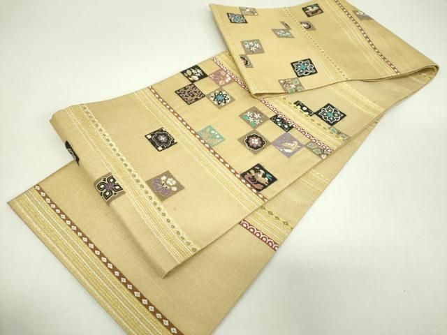 平和屋着物▼夏物 中国三大刺繍 相良刺繍 明綴れ 袋帯 市松花鳥文 金糸 正絹 逸品 DABJ8808ps