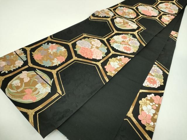 平和屋着物▼六通柄袋帯 唐織 亀甲花丸文 黒地 金糸 正絹 逸品 DABJ8816ps