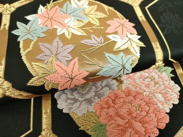 平和屋着物▼六通柄袋帯 唐織 亀甲花丸文 黒地 金糸 正絹 逸品 DABJ8816ps