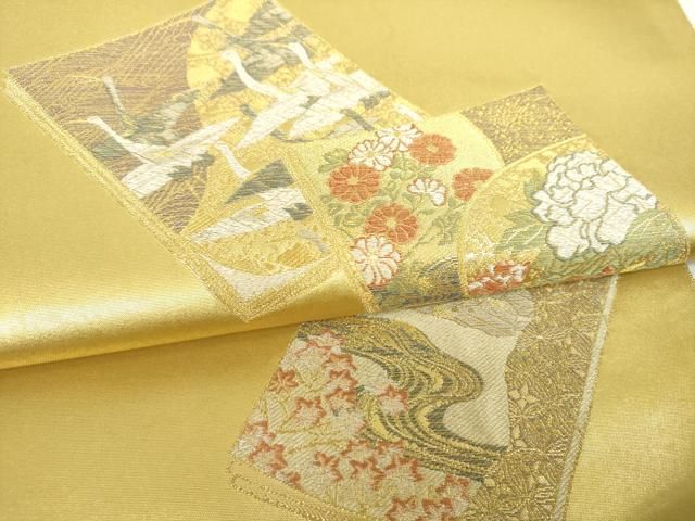 平和屋着物▼「美しいキモノ」お馴染みのメーカー となみ織物 六通柄袋帯 沈金箔 飛鶴文 引箔 上代198万 証紙付き 逸品 未使用 DABJ8838ps