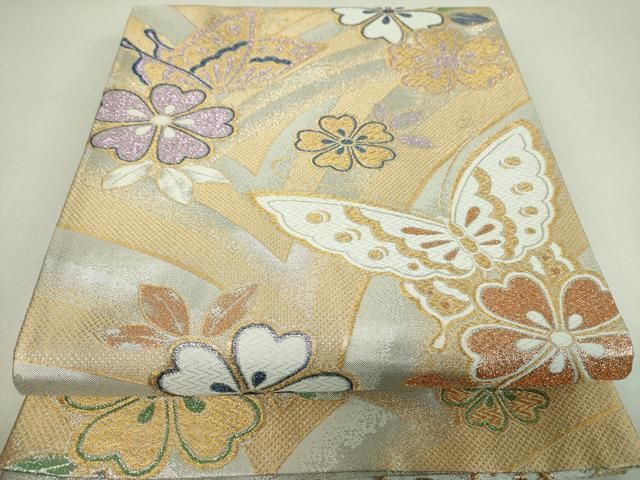 平和屋着物▼佐賀錦 両面 六通柄袋帯 京美 舞蝶花文 金銀糸 正絹 逸品 DABJ8855ps