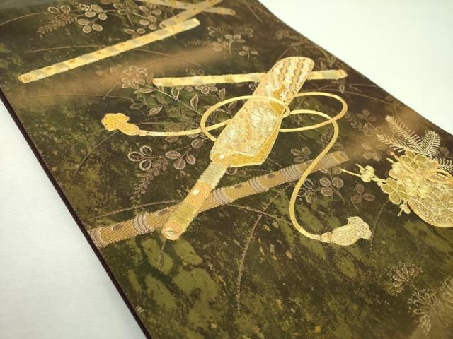 平和屋着物▼六通柄袋帯 駒刺繍 横笛花文 金糸 引箔 正絹 逸品 DABJ8912ps