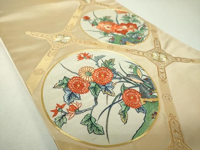 平和屋着物▼太鼓柄袋帯 駒刺繍 総刺繍 蜀江花鳥文 金銀糸 正絹 逸品 DABJ8931ps