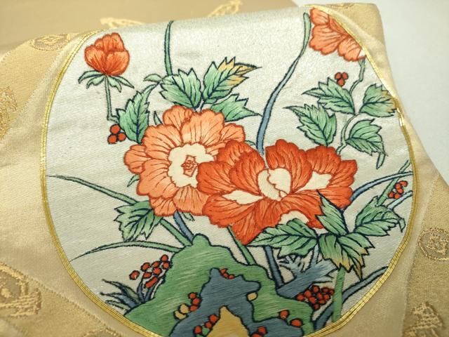 平和屋着物▼太鼓柄袋帯 駒刺繍 総刺繍 蜀江花鳥文 金銀糸 正絹 逸品 DABJ8931ps