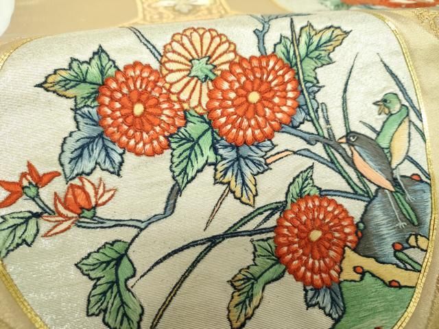 平和屋着物▼太鼓柄袋帯 駒刺繍 総刺繍 蜀江花鳥文 金銀糸 正絹 逸品 DABJ8931ps