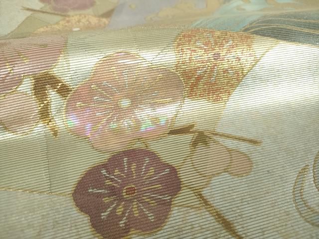 平和屋着物▼太鼓柄袋帯 螺鈿箔 地紙立波梅松文 金銀彩 引箔 正絹 逸品 DABJ8938ps