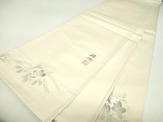 平和屋着物▼太鼓柄袋帯 作家物 刺繍 手描き 草花文 銀糸 正絹 逸品 DABJ8961ps