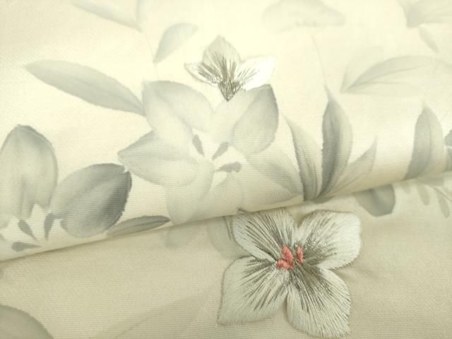 平和屋着物▼太鼓柄袋帯 作家物 刺繍 手描き 草花文 銀糸 正絹 逸品 DABJ8961ps