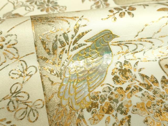 平和屋着物▼全通柄袋帯 色紙御所車花鳥文 金銀彩 正絹 逸品 DABJ8977ps