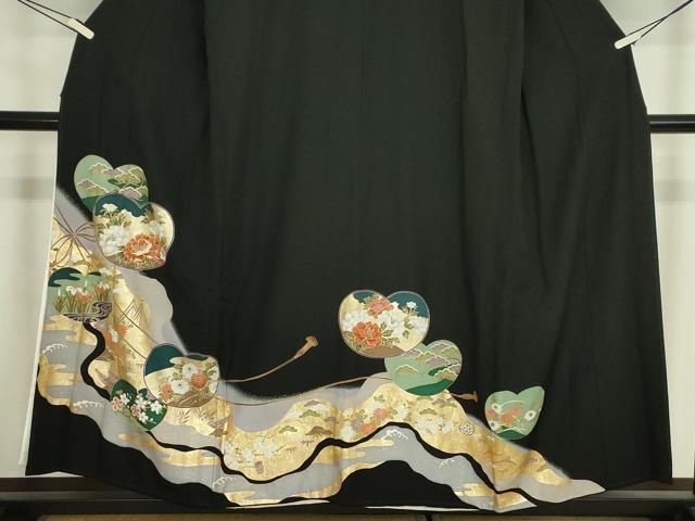 平和屋着物■豪華黒留袖 駒刺繍 道長花松文 金彩 正絹 逸品 DABJ9091ya