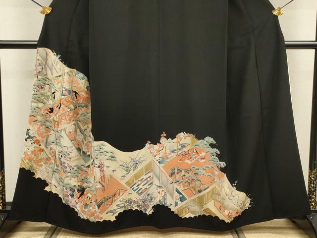 平和屋着物■豪華黒留袖 駒刺繍 人物風景花松文 金彩 正絹 逸品 DABJ9134ya