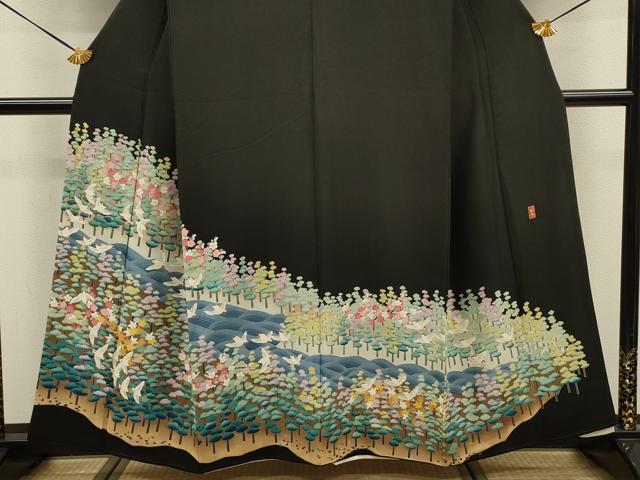 平和屋着物■豪華黒留袖 友禅 作家物 花鳥文 正絹 逸品 DABJ9135ya