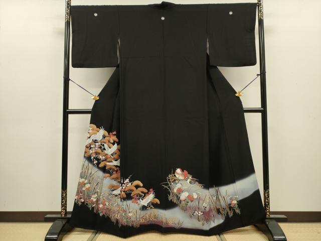 平和屋着物■豪華黒留袖 刺繍 飛鶴花松文 鴛鴦 暈し染め 金彩 正絹 逸品 DABJ9136ya
