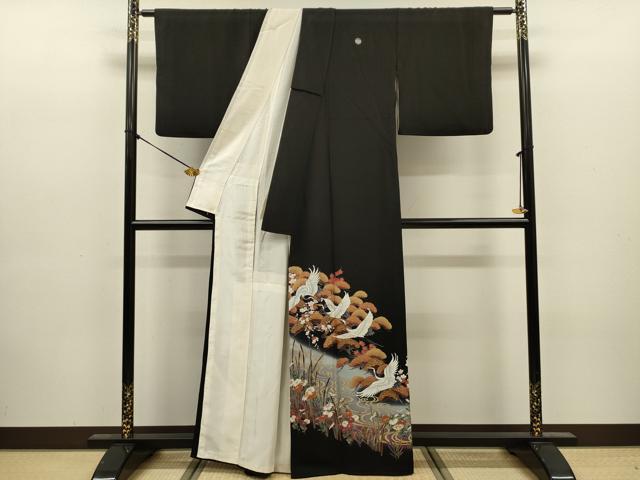 平和屋着物■豪華黒留袖 刺繍 飛鶴花松文 鴛鴦 暈し染め 金彩 正絹 逸品 DABJ9136ya