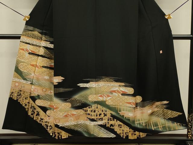 平和屋着物■豪華黒留袖 駒刺繍 双鶴菱エ霞花文 地主神社 暈し染め 金銀彩 正絹 逸品 DABJ9138ya