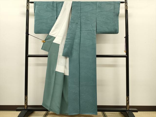 平和屋着物■上質な色無地 流水地紋 青碧色 正絹 逸品 DABJ9164ya