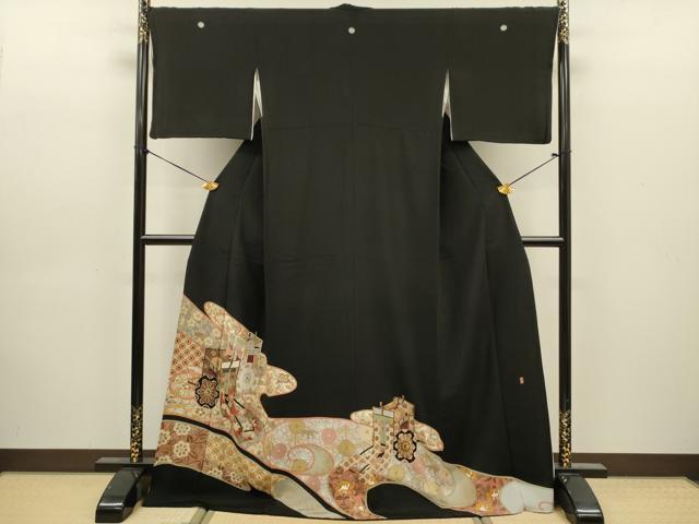 平和屋着物■豪華黒留袖 作家物 御所車花文 金彩 ロング丈 正絹 逸品 DABJ9175ya