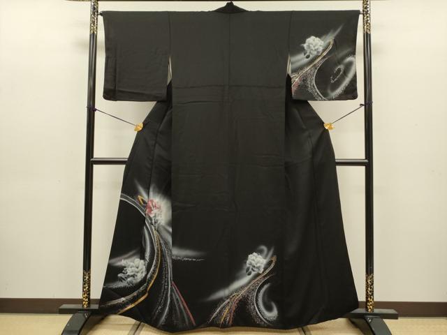 平和屋着物■訪問着 草花文 暈し染め 黒地 金銀彩 正絹 逸品 DABJ9204ya