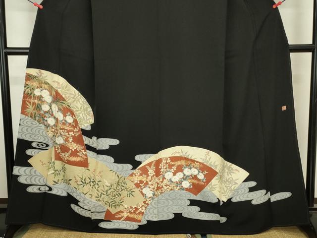 平和屋着物■十日町友禅作家 龍谷 黒留袖 流水地紙花文 金彩 正絹 逸品 DABJ9260ya