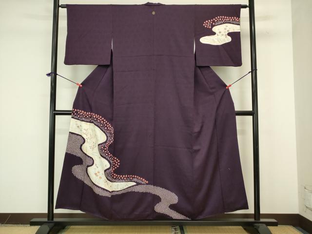 平和屋着物■訪問着 絞り 刺繍 流水草花文 金彩 正絹 逸品 DABJ9279ya