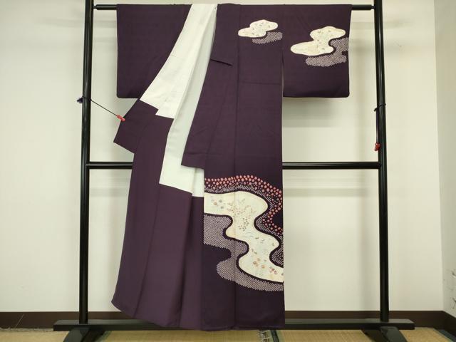平和屋着物■訪問着 絞り 刺繍 流水草花文 金彩 正絹 逸品 DABJ9279ya