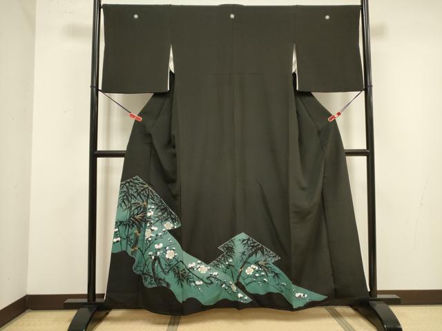 平和屋着物■豪華黒留袖 手描き 刺繍 笹竹文 枝梅 金糸 正絹 逸品 DABJ9297ya