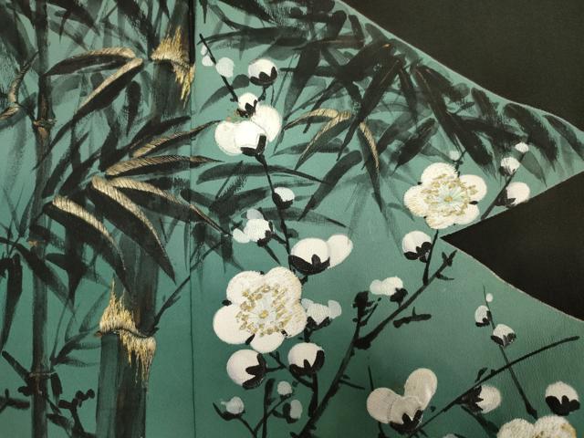 平和屋着物■豪華黒留袖 手描き 刺繍 笹竹文 枝梅 金糸 正絹 逸品 DABJ9297ya
