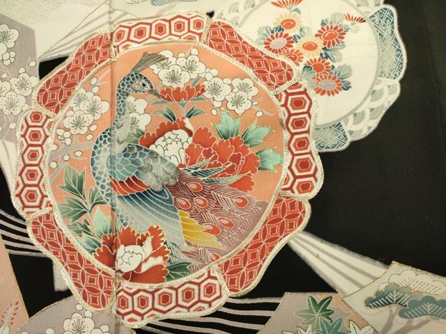 平和屋着物■豪華黒留袖 駒刺繍 扇面絵皿花鳥文 金彩 正絹 逸品 DABJ9330ya