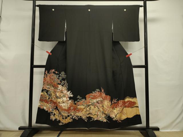 平和屋着物■豪華黒留袖 駒刺繍 人物風景花文 枝梅 金彩 正絹 逸品 DABJ9335ya