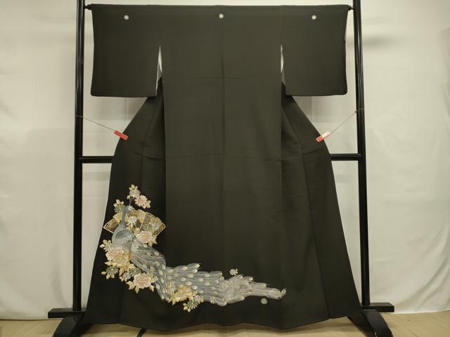 平和屋着物■豪華黒留袖 総刺繍 檜扇孔雀花文 金銀糸 正絹 逸品 DABJ9364ya