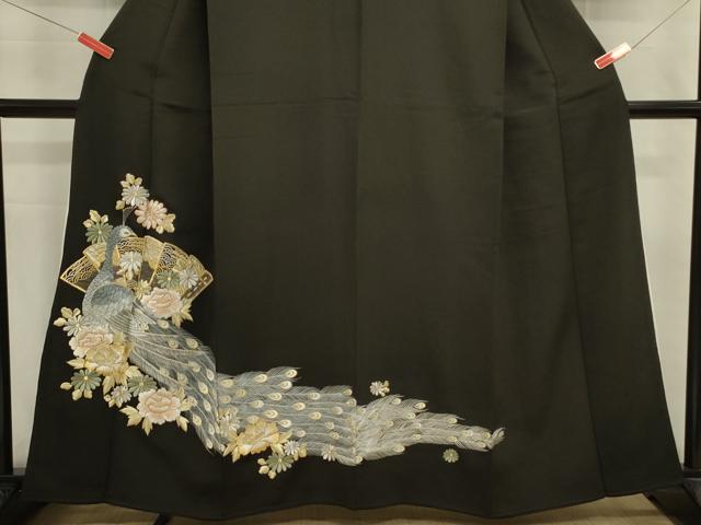 平和屋着物■豪華黒留袖 総刺繍 檜扇孔雀花文 金銀糸 正絹 逸品 DABJ9364ya