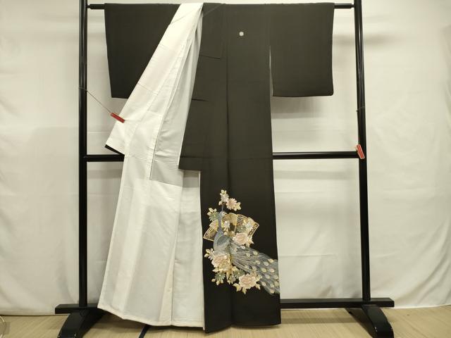 平和屋着物■豪華黒留袖 総刺繍 檜扇孔雀花文 金銀糸 正絹 逸品 DABJ9364ya