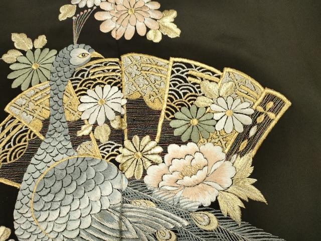 平和屋着物■豪華黒留袖 総刺繍 檜扇孔雀花文 金銀糸 正絹 逸品 DABJ9364ya