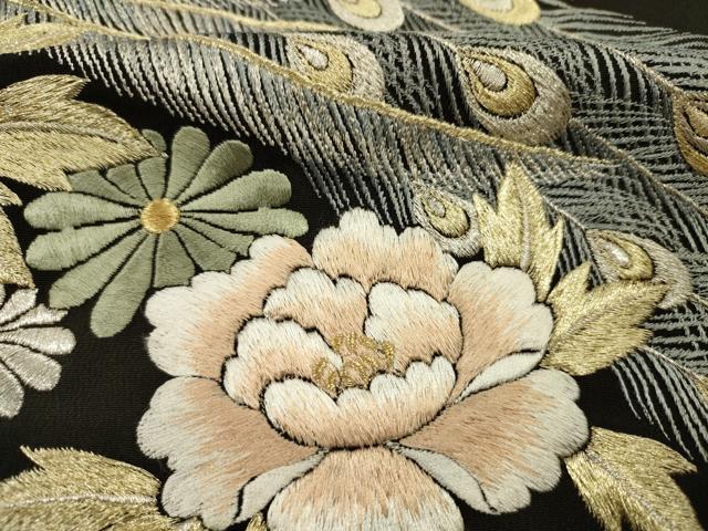 平和屋着物■豪華黒留袖 総刺繍 檜扇孔雀花文 金銀糸 正絹 逸品 DABJ9364ya