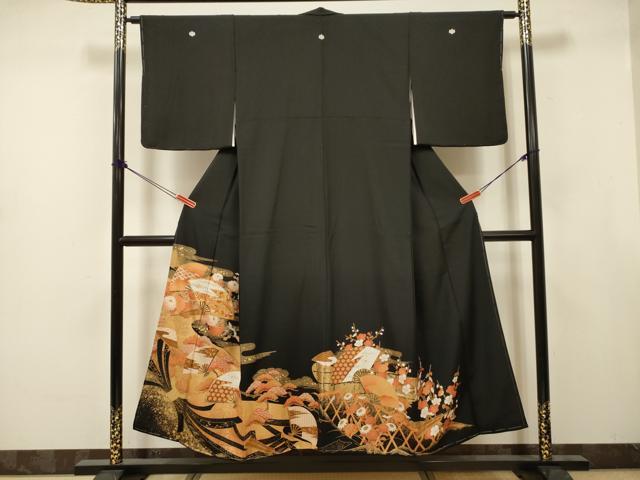 平和屋着物■豪華黒留袖 駒刺繍 扇面花文 宝尽くし 金彩 正絹 逸品 未使用 DABJ9375ya