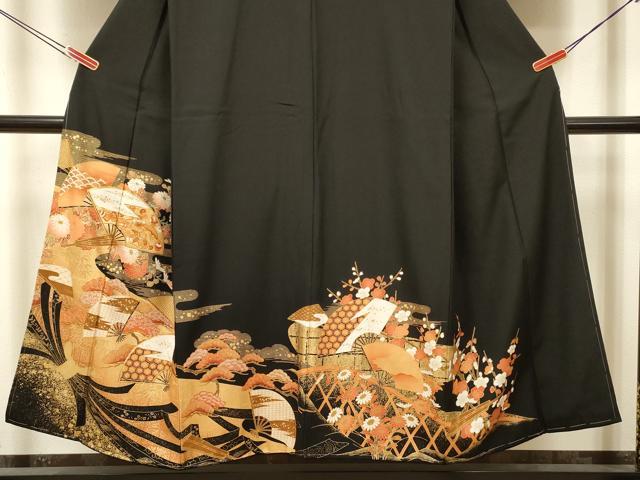 平和屋着物■豪華黒留袖 駒刺繍 扇面花文 宝尽くし 金彩 正絹 逸品 未使用 DABJ9375ya