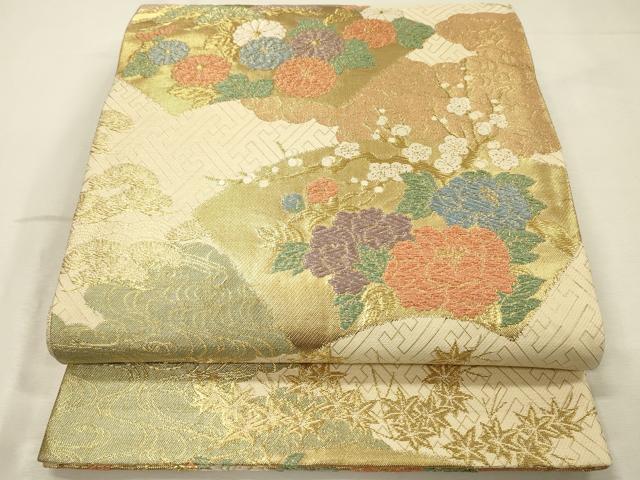 平和屋着物◎六通柄袋帯 唐織 地紙花文 枝梅 祥瑞 金糸 正絹 逸品 DABJ9426ya