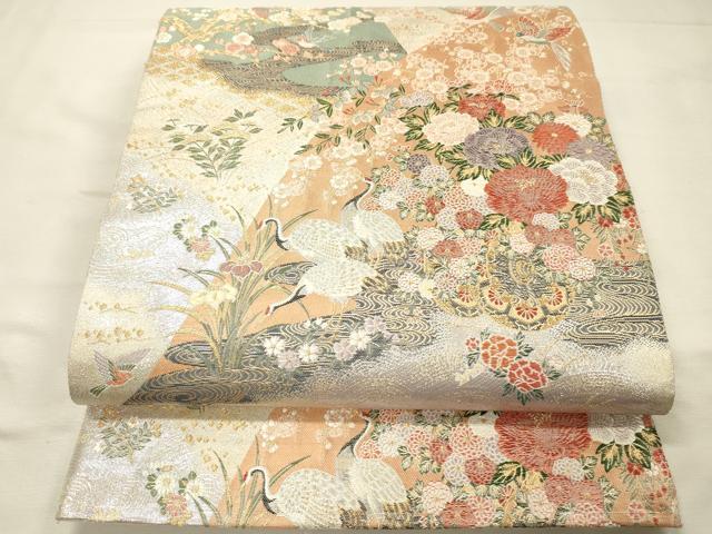 平和屋着物◎六通柄袋帯 唐織 花鳥文 群鶴 金銀糸 正絹 逸品 DABJ9440ya