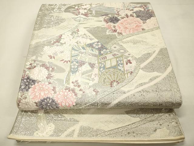 平和屋着物◎六通柄袋帯 唐織 御所車花文 プラチナ本銀二重織 正絹 逸品 DABJ9463ya