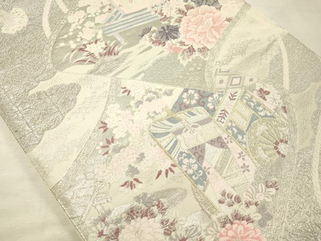 平和屋着物◎六通柄袋帯 唐織 御所車花文 プラチナ本銀二重織 正絹 逸品 DABJ9463ya