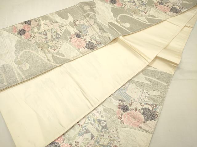 平和屋着物◎六通柄袋帯 唐織 御所車花文 プラチナ本銀二重織 正絹 逸品 DABJ9463ya