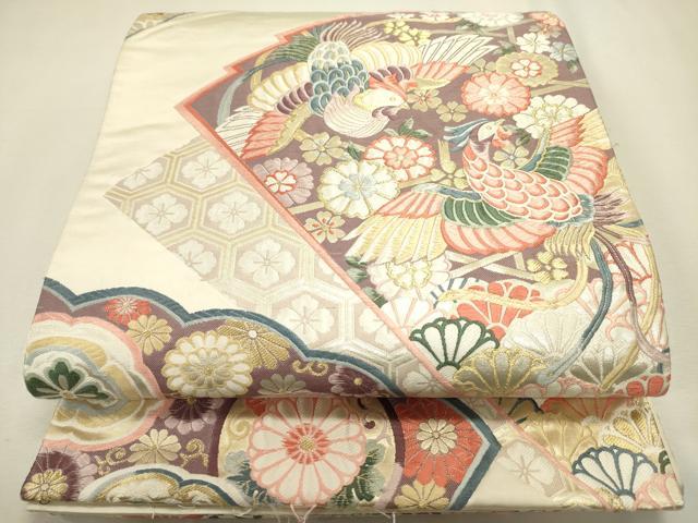 平和屋着物◎六通柄袋帯 唐織 扇面鳳凰花文 金銀糸 正絹 逸品 DABJ9464ya