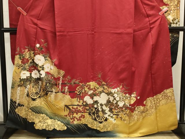 平和屋着物■豪華振袖 花車文 牡丹 乱菊 暈し染め 金彩 正絹 逸品 DABJ9483ya
