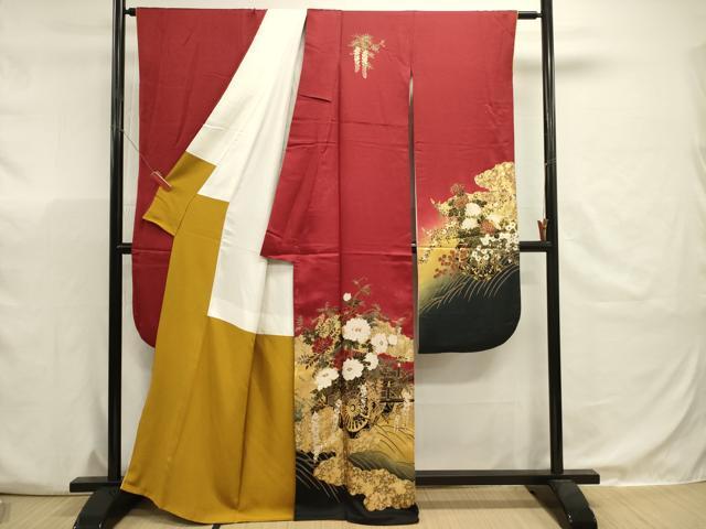 平和屋着物■豪華振袖 花車文 牡丹 乱菊 暈し染め 金彩 正絹 逸品 DABJ9483ya
