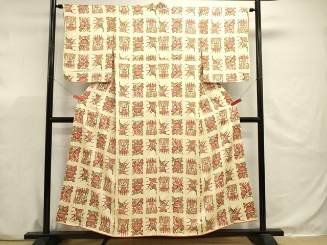 平和屋着物■上質な小紋 型染め 風景花鳥文 正絹 逸品 DABJ9494ya