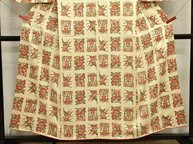 平和屋着物■上質な小紋 型染め 風景花鳥文 正絹 逸品 DABJ9494ya