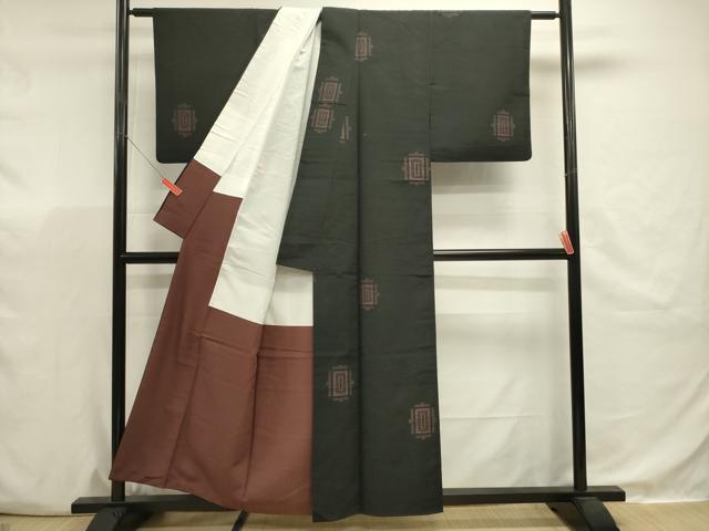 平和屋着物■上質な紬 100亀甲 抽象文 黒地 正絹 逸品 DABJ9495ya