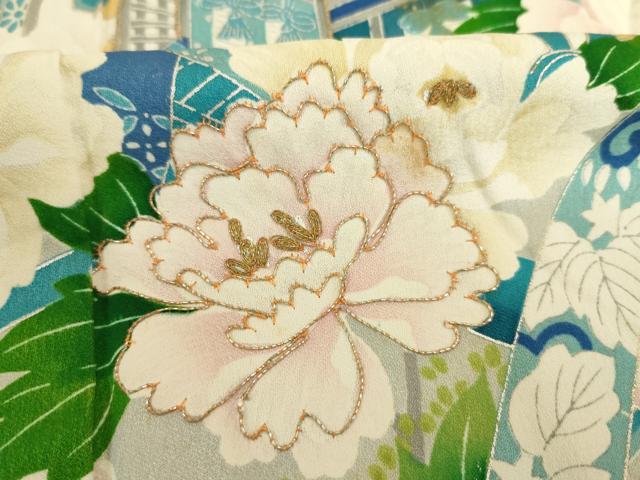 平和屋着物■豪華振袖 駒刺繍 御所車花文 銀彩 正絹 逸品 DABJ9508ya